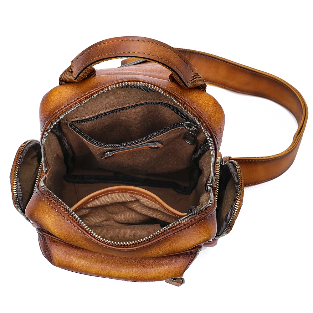 Vintage genuine leather men chest bag sling cross body luxury travel hiking shoulder daypack leather man bag