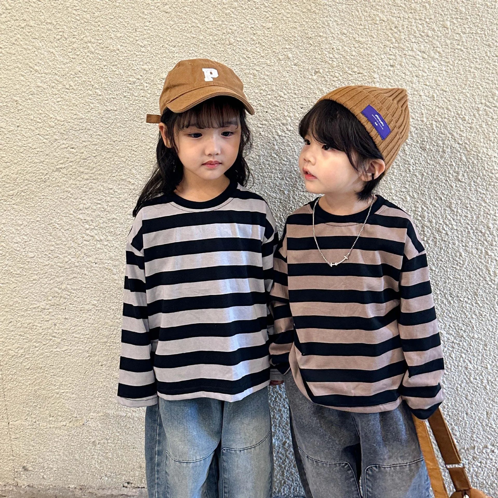 spring autumn Kids cotton stripe T-shirt  Cotton Long Sleeve T-shirt girls unisex cotton tees