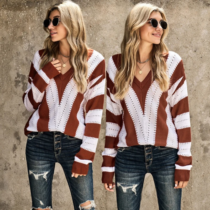 Dear-Lover Fall Winter Custom Ladies Striped Colorblock Knitting Designers Pull Over Sweaters Women Tops