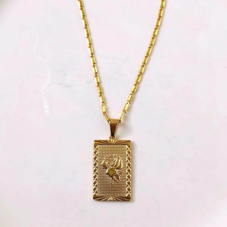 Trendy Rectangle Rose Charm Necklace 
