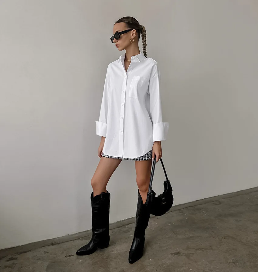 Simple oversize boyfriend style white shirt casual fashion casual commuting all-match mid-length woman clothing dresses women la