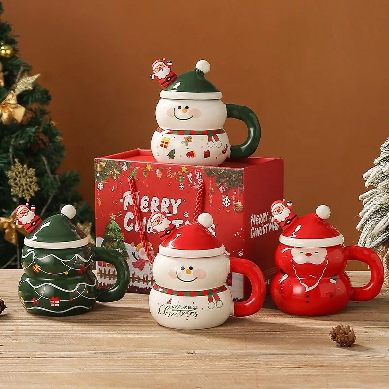 New Stylish Christmas Gift Box Large Capacity Water Ceramic Mug Cup Cartoon Snowman Santa Claus Christmas Tree Cup