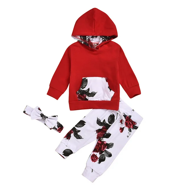 Baby Girl Clothes Long Sleeve Floral Hoodie Sweatshirt Pants with Pocket Headband Outfit Sets 