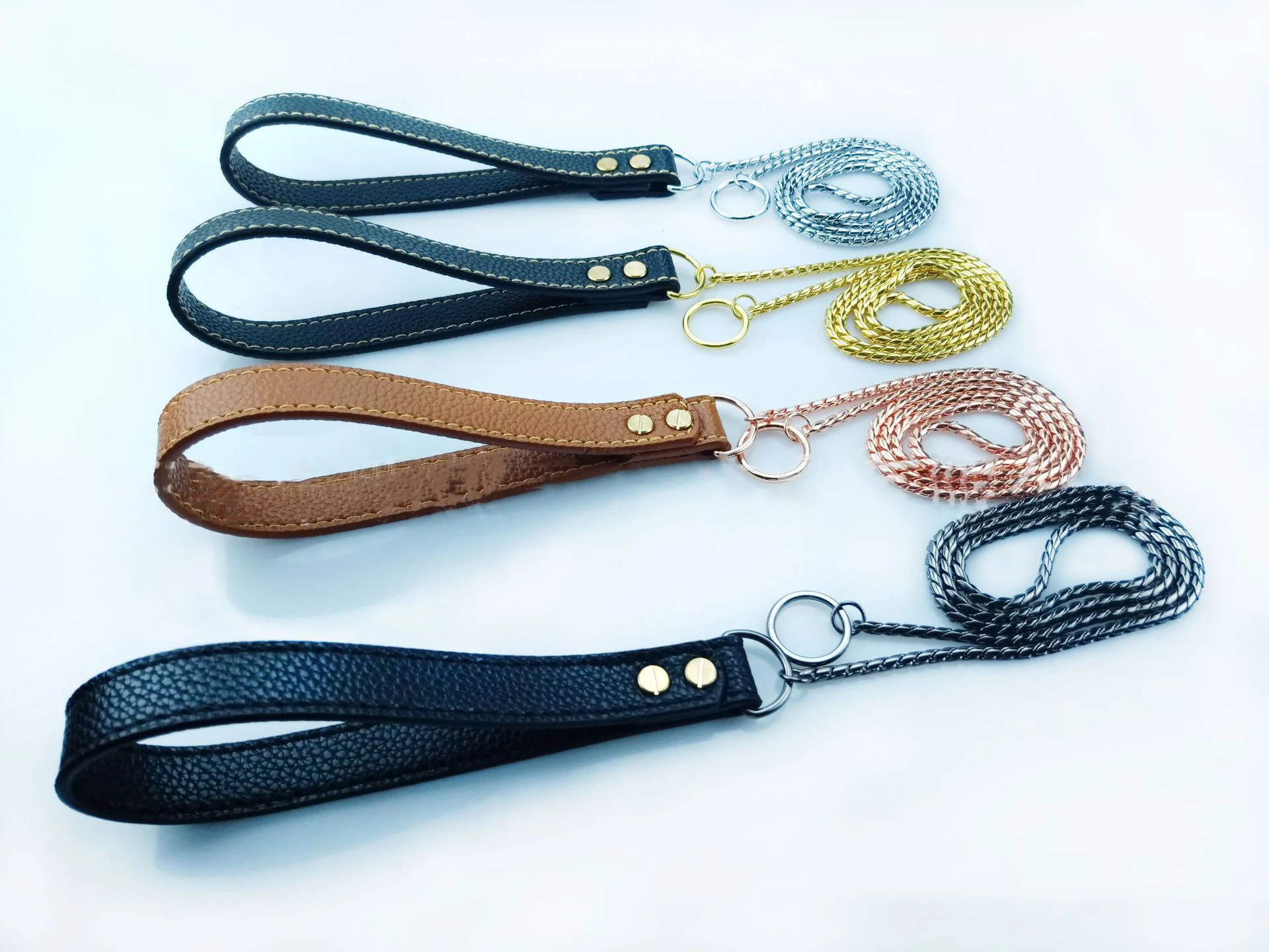 Snake Dog Collar and Leather Chain Stainless Steel Dog Leash with Leather Handle