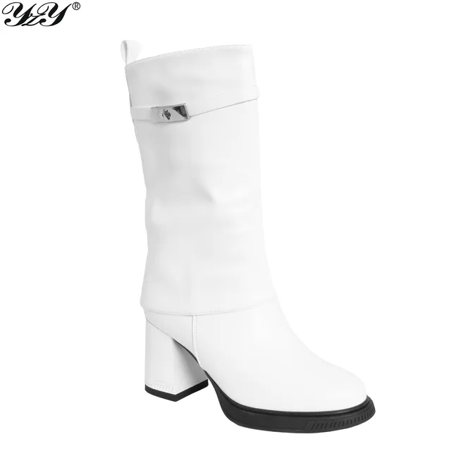 Wholesale YZY Women's White PU Knee-High Heeled Boots Platform High Top Style with Zip Closure Comfortable for All Seasons