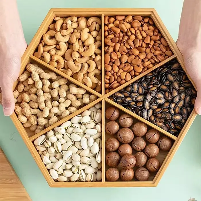 product 6 compartments bamboo wooden food tray snack tray set nut and candy serving tray with cover-3