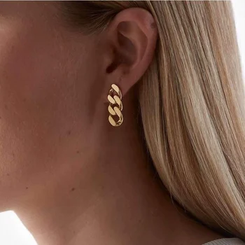 New Minimalist Design Hypoallergenic Stainless Steel Earring Women Jewelry 18K Gold Plated Cuban Link Chain Drop Stud Earrings