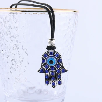 Black Rope with Alloy Hamsa Pendant Necklace Silver Extender Chain Blue Stones and Evil Eye on Fatima