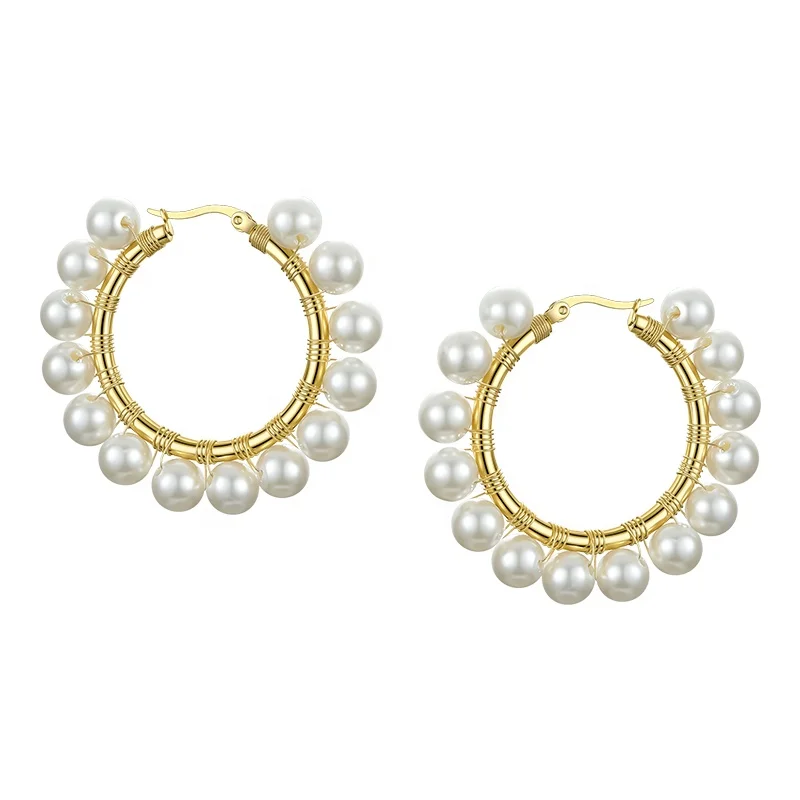 High Quality 18K Gold Plated Stainless Steel Jewelry Pearls Hoop Fashionable For Women Earrings E191099