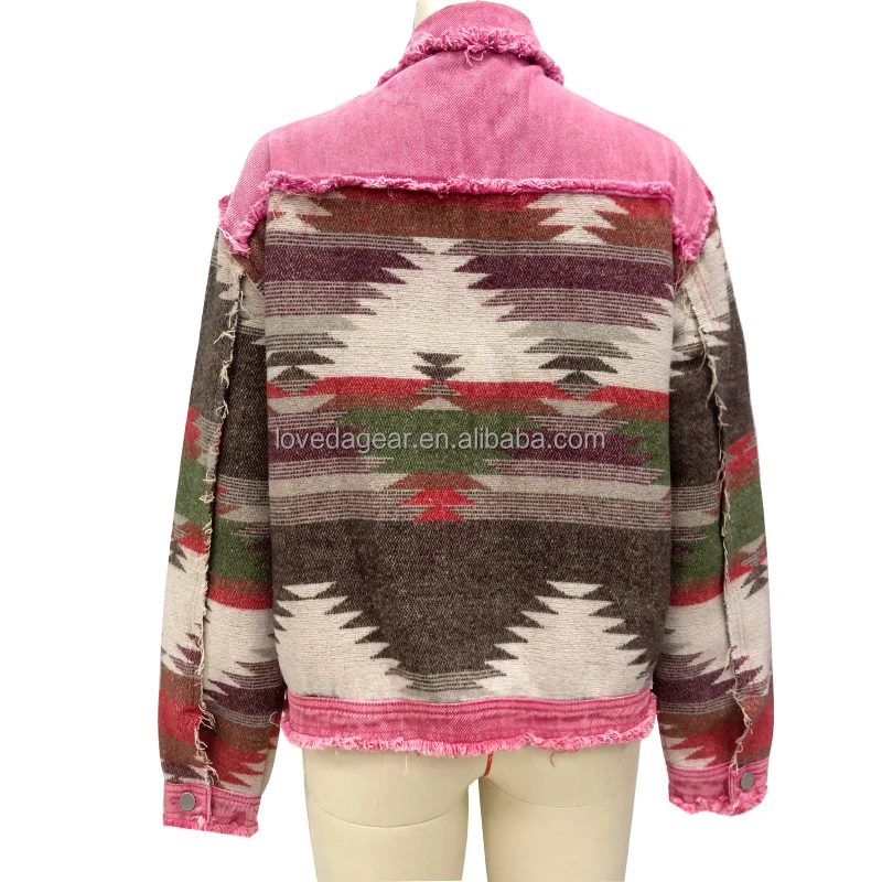 New Style Multi Color Western Aztec Print Button Flap Pocket Winter Fall Rose Red AZTEC Bohemian Shacket Jacket For Woman