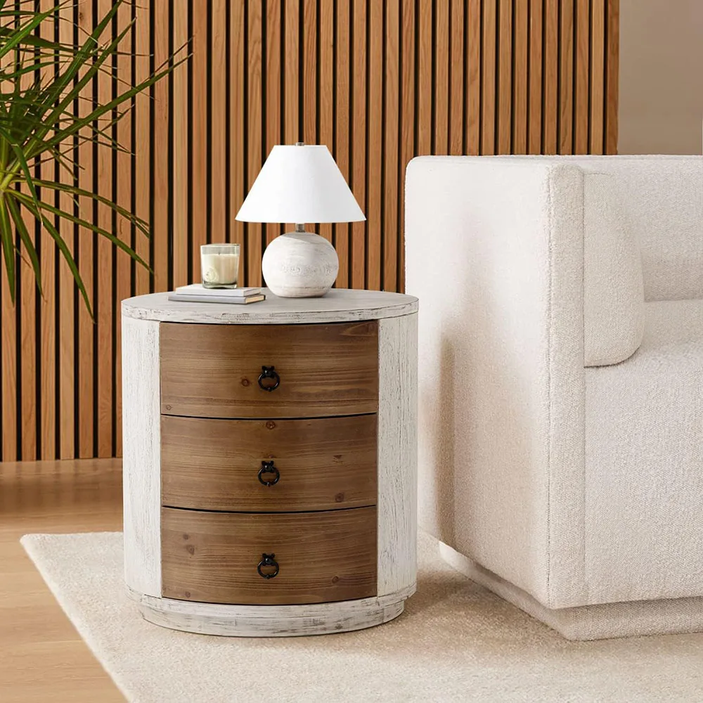 20-Inch MDF Round Storage Cabinet Modern Nightstand Wood Bedside Table Drawers for Bedroom & Living Room factory