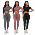 Waffle Knit Crop Tee Tie Waist Leggings Set Custom Woman Lounge Wear Sets