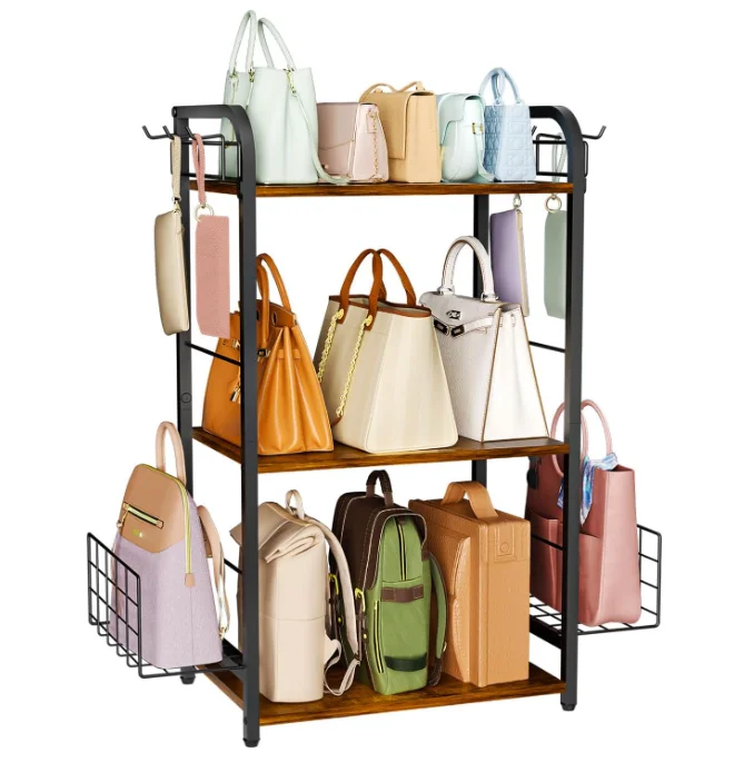 New arrival Wood 3-Tier Floor-Standing Purse Holder with Side Hooks and Baskets Purse Organizer