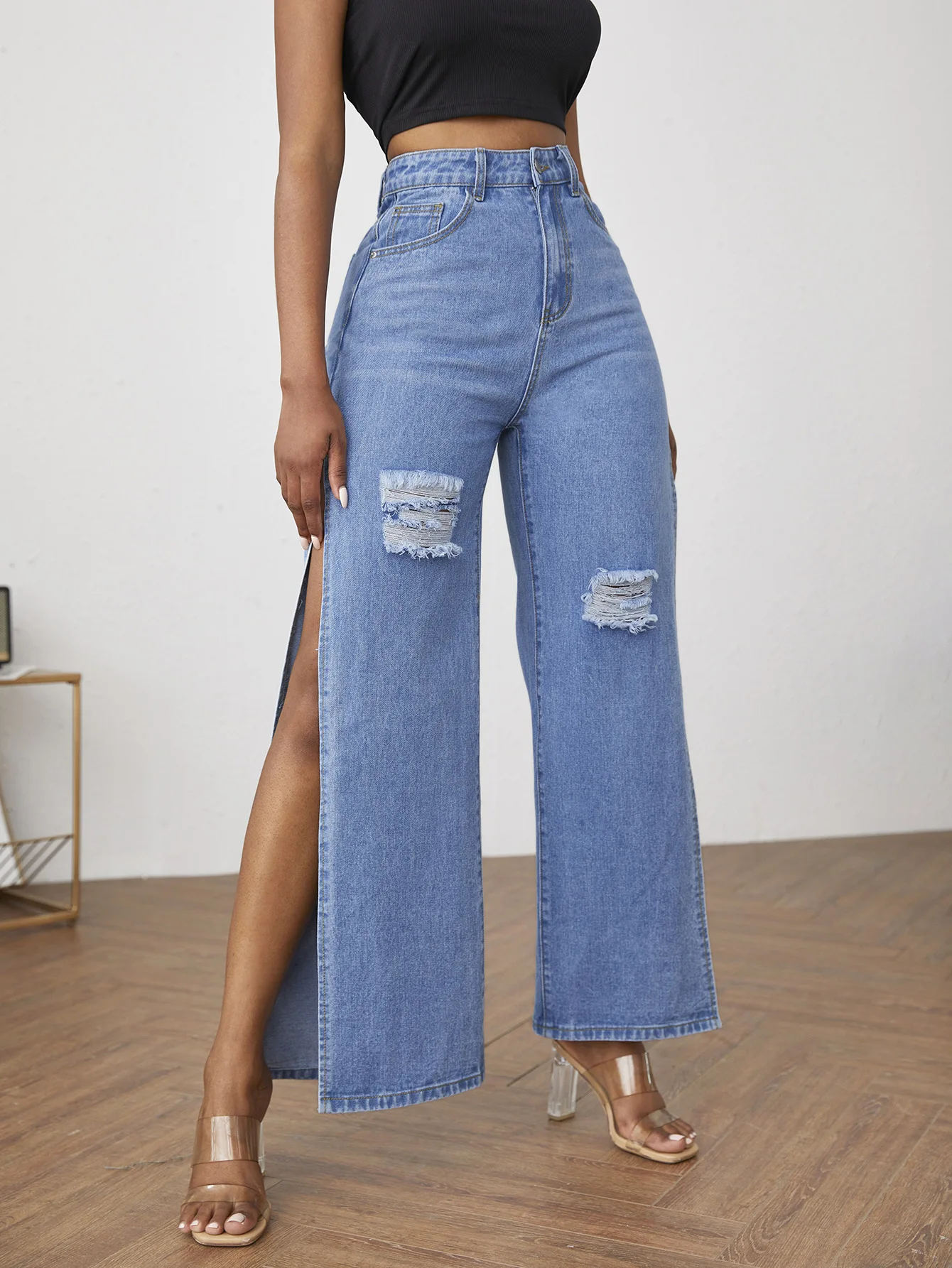 2023 Summer Women Casual High Split Jeans Fashion Wide Leg Hole Design Lady Denim Jeans Pants