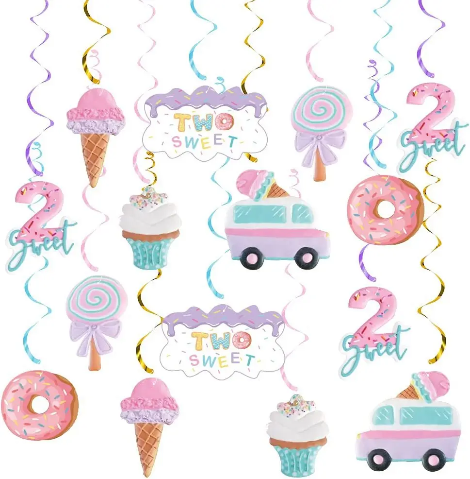 Two Sweet Baby Second Birthday Party Ice Cream Theme Decorations Macaron Balloons Banner Cupcake Toppers