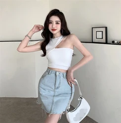Women Knit Tops Vest Female Knitted Irregular Off Shoulder Crop Tops O-neck Solid Color New Fashion Sexy Tank Tops Vest