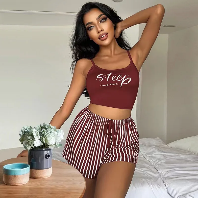 New suspender pajamas women's drawstring shorts suit letter stripe printed ladies' home clothes can be worn outside