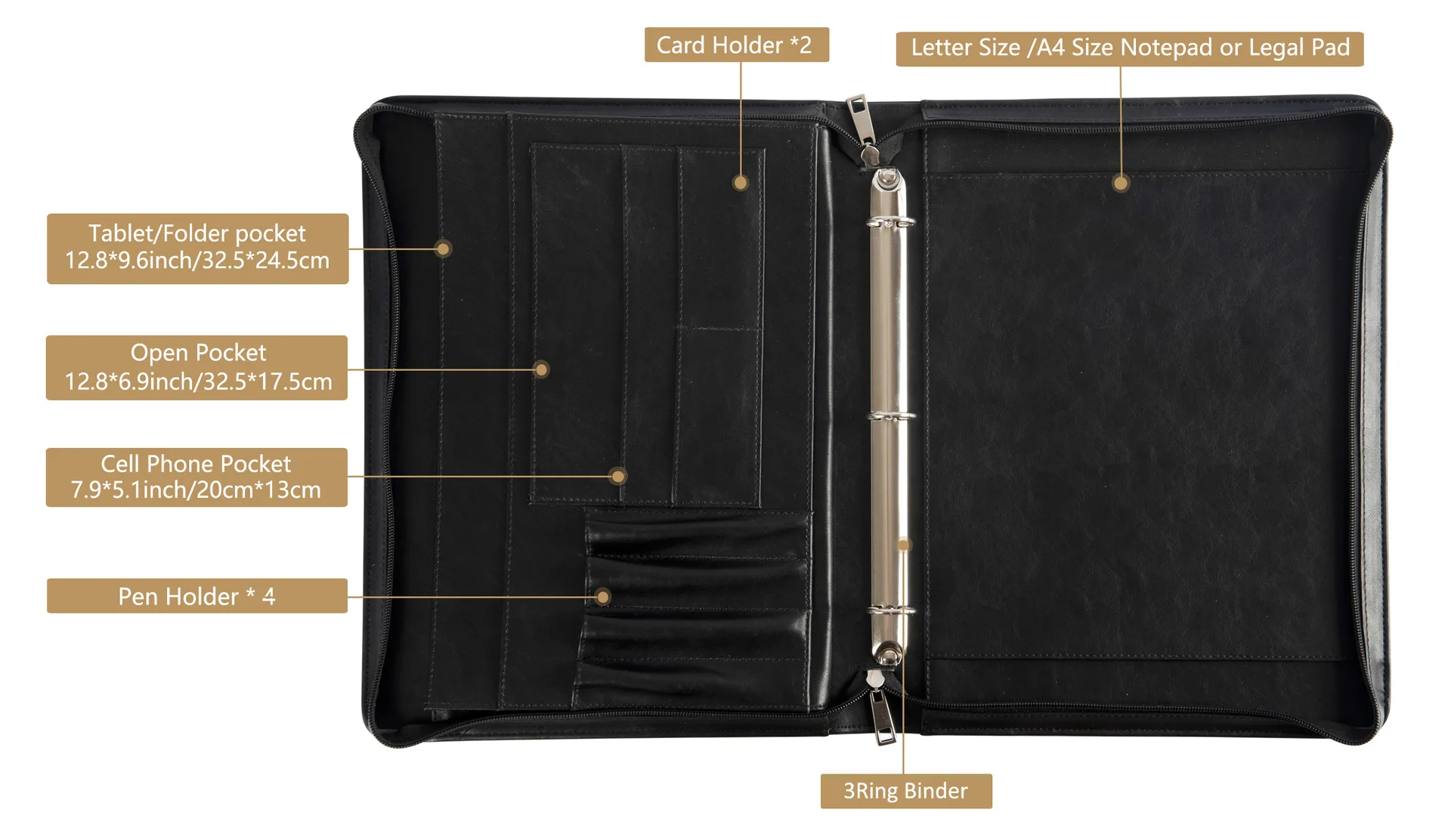 Leather Portfolio Binder Custom Multi-Functional Business Padfolio Folder with 3 Ring binder