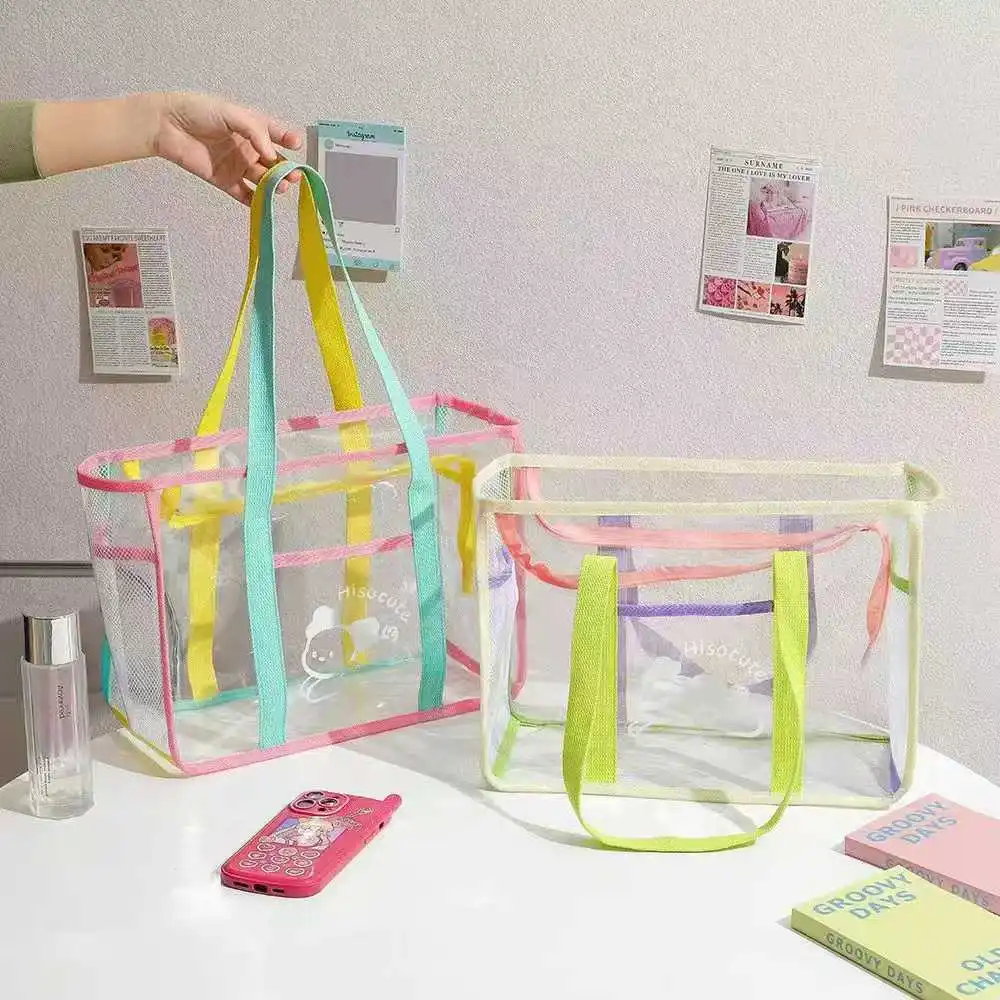 Lightweight Reusable PVC Mesh Side Transparent Makeup Wash Tote Bag Clear Travel Packaging for Beach Picnic Park factory