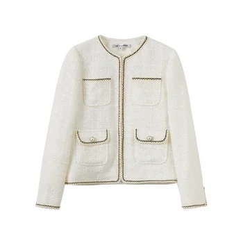 2021 New fashion Style Korea Ladies Fancy Braid Woolen Tweed Fabric White Elegant Jacket