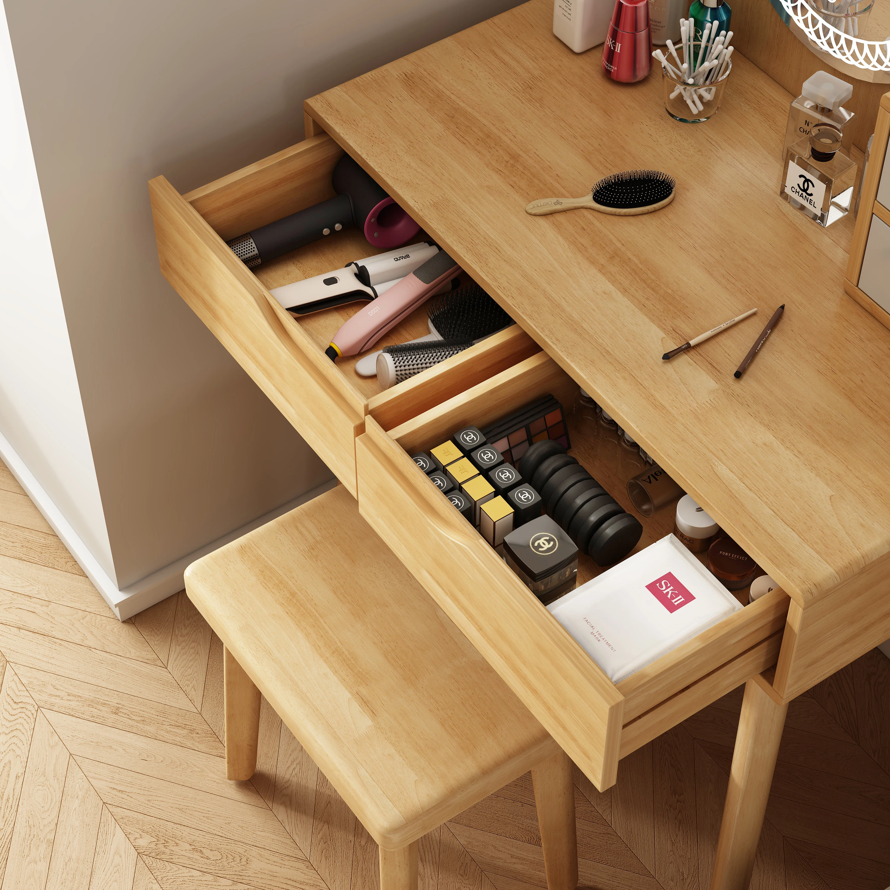 Wooden Oak Walnut Makeup Vanity Table with Round LED Lighted Mirror and Lots Storage for Girls Women Bedroom Studio.