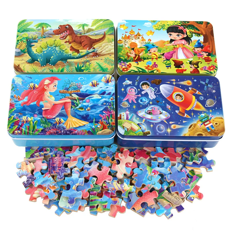 Wooden Animal Jigsaw Puzzle Educational Toy Gift+Iron Box For Baby Kids DS3 