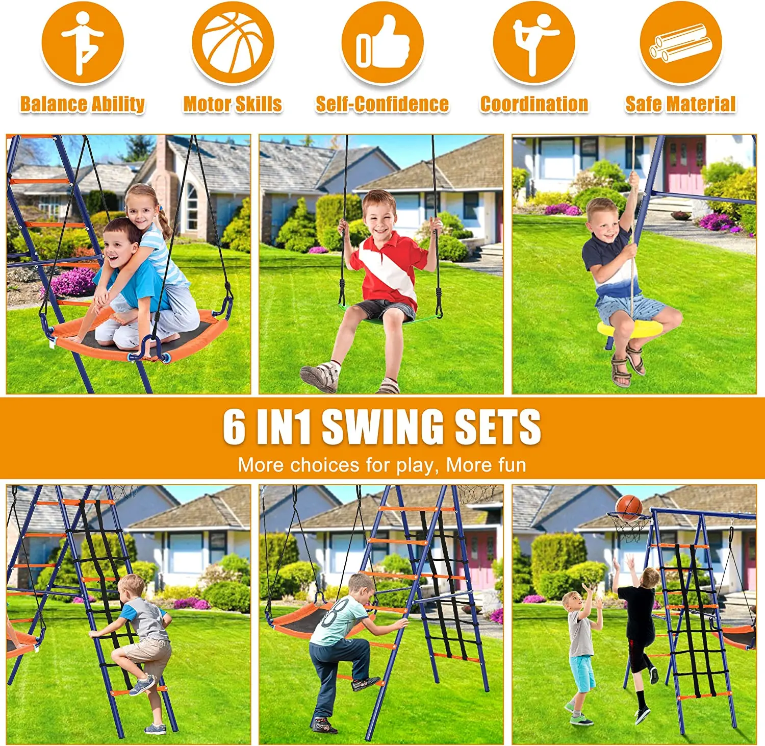 IUNNDS New Design Outdoor Metal Swing Set Kids Playground Equipment With Basketball Hoop,Children Climb Rope Ladder