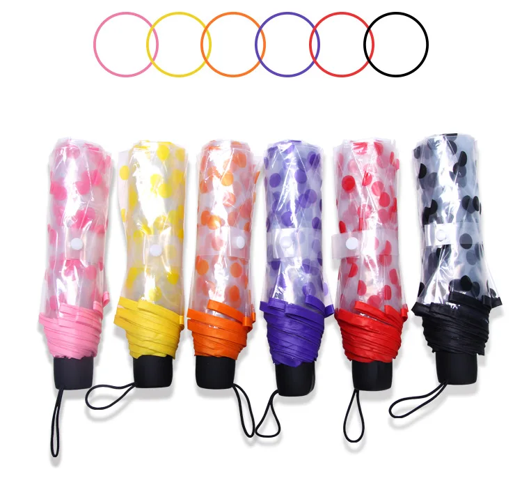 KLH423 Girls Dot Collapsible Plastic Umbrella Ins Clear Colorful Umbrellas  3 Folding Transparent Umbrella