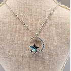Star 925 Silver Moon Star Necklace Blue Zircon