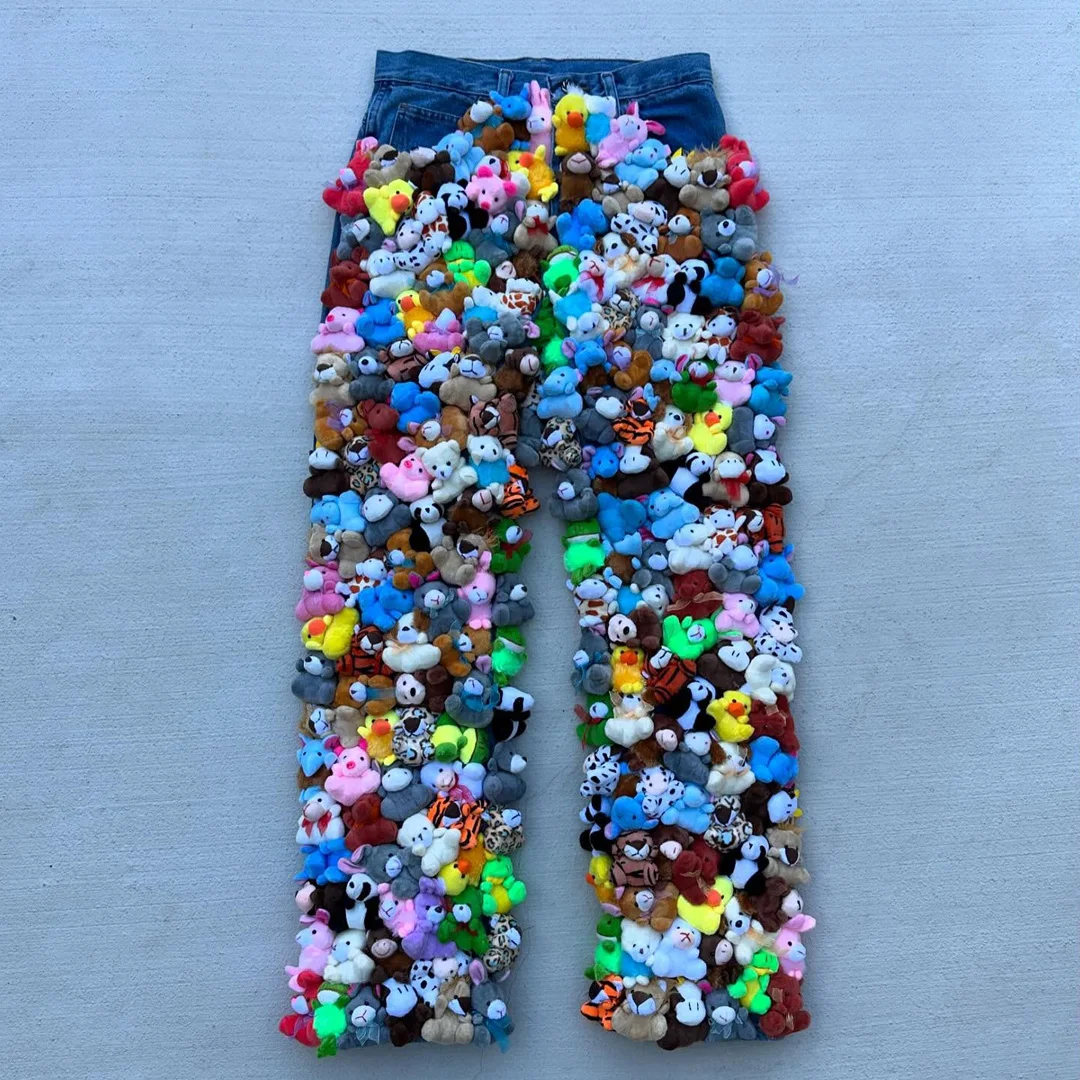 product unique men straight mid hip hop washed denim long pants hand sewn mini christmas plush bear ornaments pant legs custom wash-1