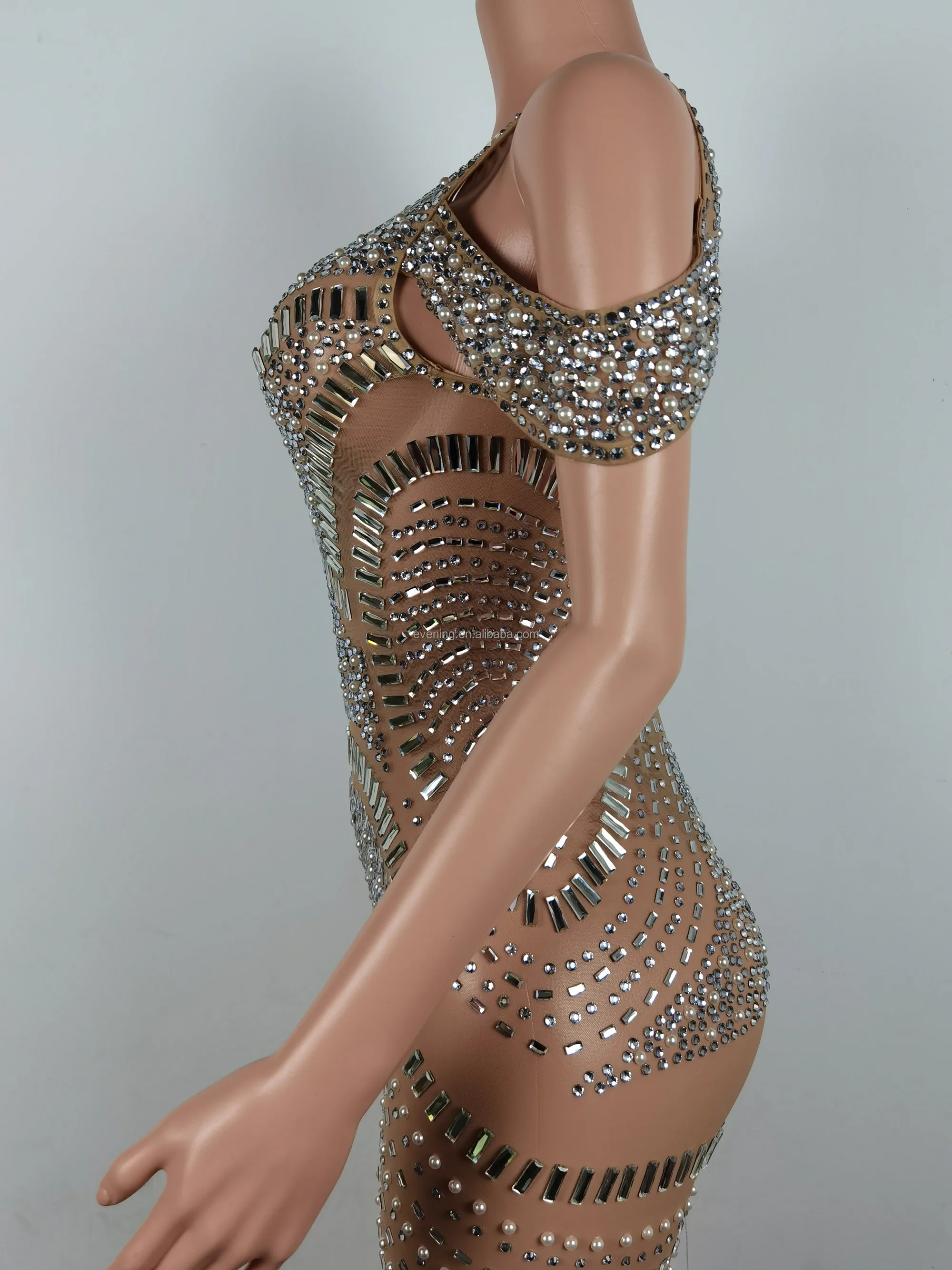 Sexy Crystals Pearls Rompers Transparent Bodysuit Stripper Dancewear