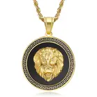 Hip Hop Necklace Black Black Painting Gold Lion Wall Pattern Carved Circular Necklace Hip Hop Style