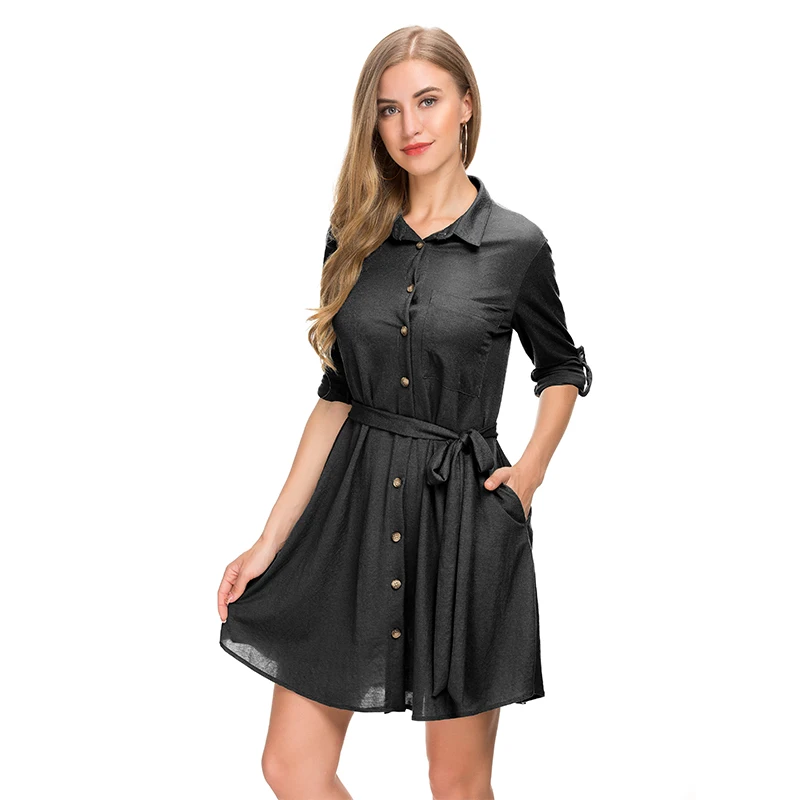 Summer office ladies clothes daily casual long roll up sleeve polo T shirt type full button dress