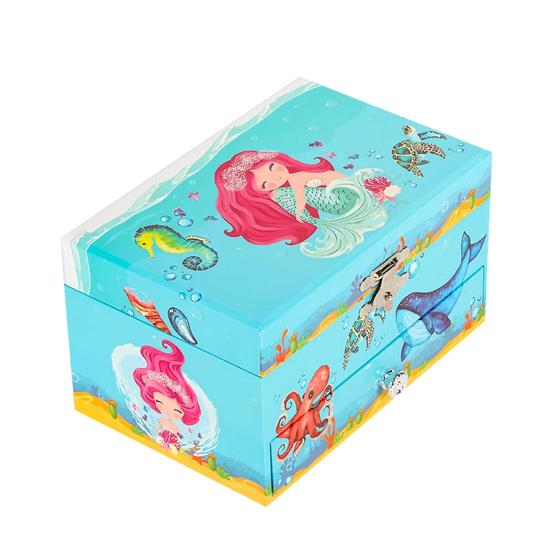 Newest Design Custom Luxury 5 Inch Ocean Lake Blue Mermaid Music Box Ballerina Jewelry Music Box With Single Drawer