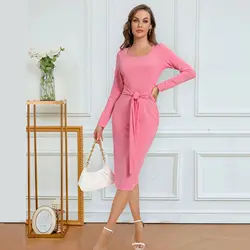 YingTang 2023 Midi dress fashion casual slim long sleeve dress fall women solid color elegant dress