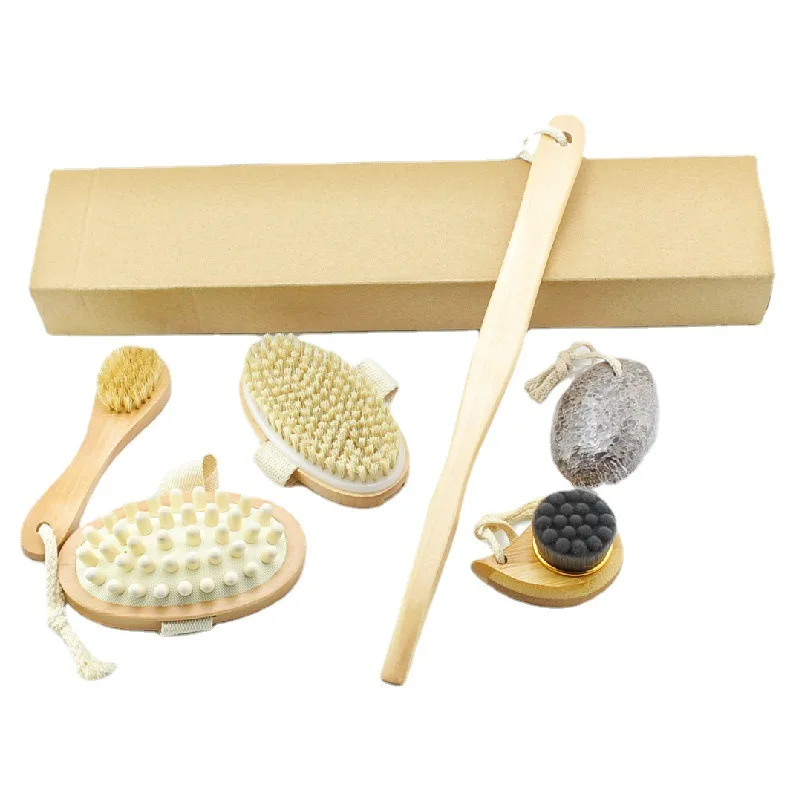 6 PCS bath body cleaning set adult bathroom accessories natural wood body brush bath brush spa gift bath set