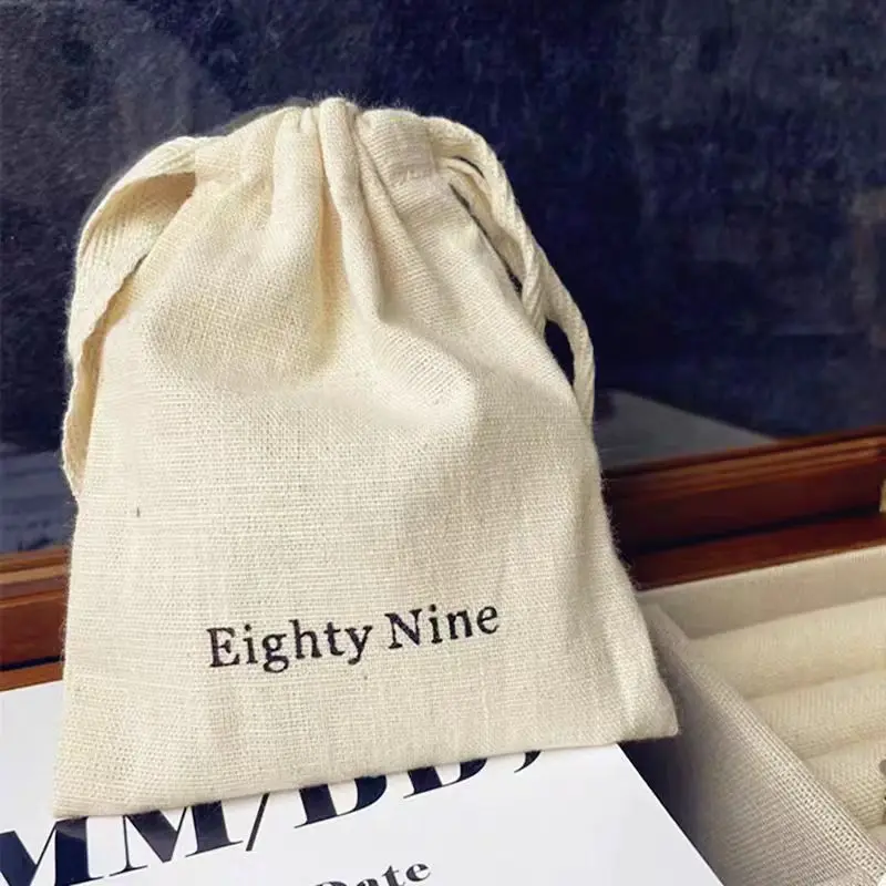 Beige Calico Canvas Dust Bag Small Gifts Pouch with Custom Logo Printing Drawstring Closure for Daily Travel Outdoor Use factory