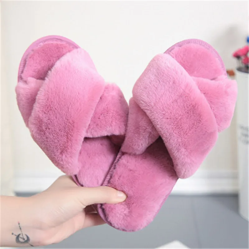 Women Home Slippers Faux Fur Household Slipper Warm Indoor Shoes Open Toe Female Waterproof 0086