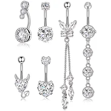 6Pcs/Set Stainless Steel Butterfly Chain Belly Button Ring Set Heart-Shaped Inlaid With Shiny Zircon Lady Puncture Jewelry