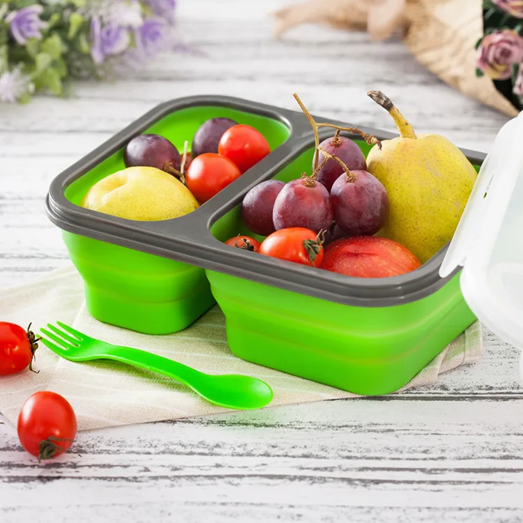 2 Compartments Silicone Bento Box with spoon Fork Collapsible Silicone Bento Lunch Box container