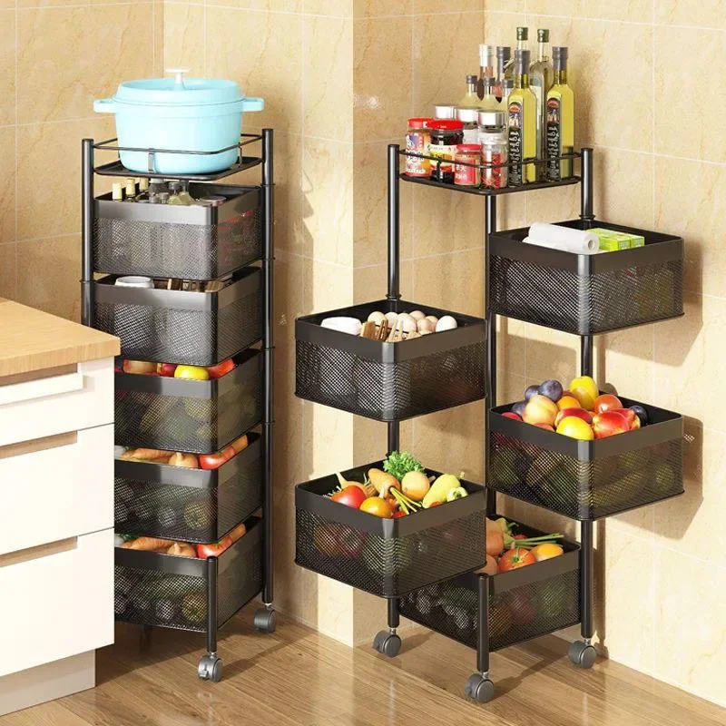 Hot selling 5-layer rotating fruit basket  kitchen storage metal cutlery basket with wheels