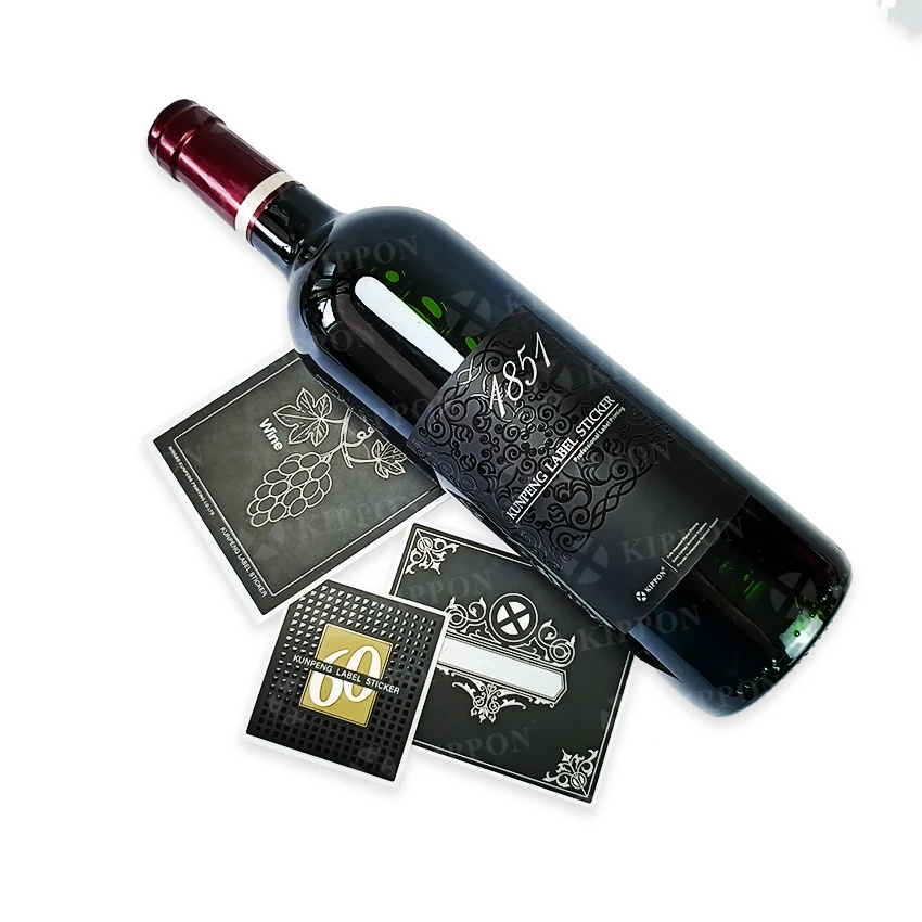 Custom Luxury Wine Packaging Label Holographic Sticker with Hot Stamping Textured Varnished Embossed Vinyl for Bottle