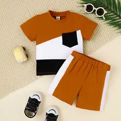 80 to 120cm Toddler Boy Cotton Color Matching T-shirt Shorts Boys Clothing Set Casual Trendy Quality Boys Tracksuit Clothing Set