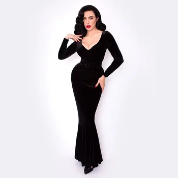 Night evening gowns for women ladies Mermaid Vintage dress v neck long sleeve long gown black bodycon maxi evening dresses
