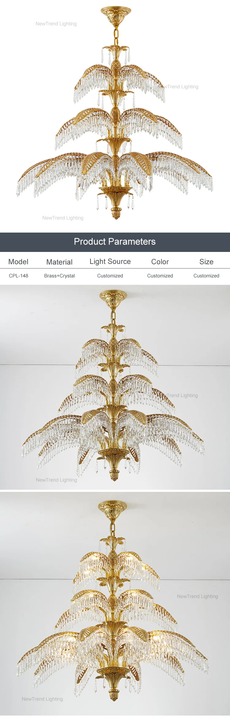 CPL-148 New Product Hotel Lobby Villa Restaurant Indoor Decoration Custom LED Retro Brass Crystal Chandelier supplier