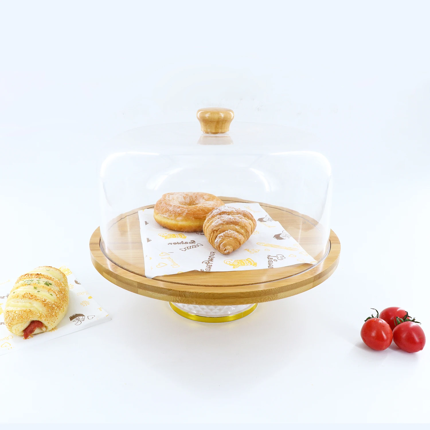 Wholesale Bamboo Wooden Square Serving Tray Custom Bamboo Round Cake Tray with Glass Lid