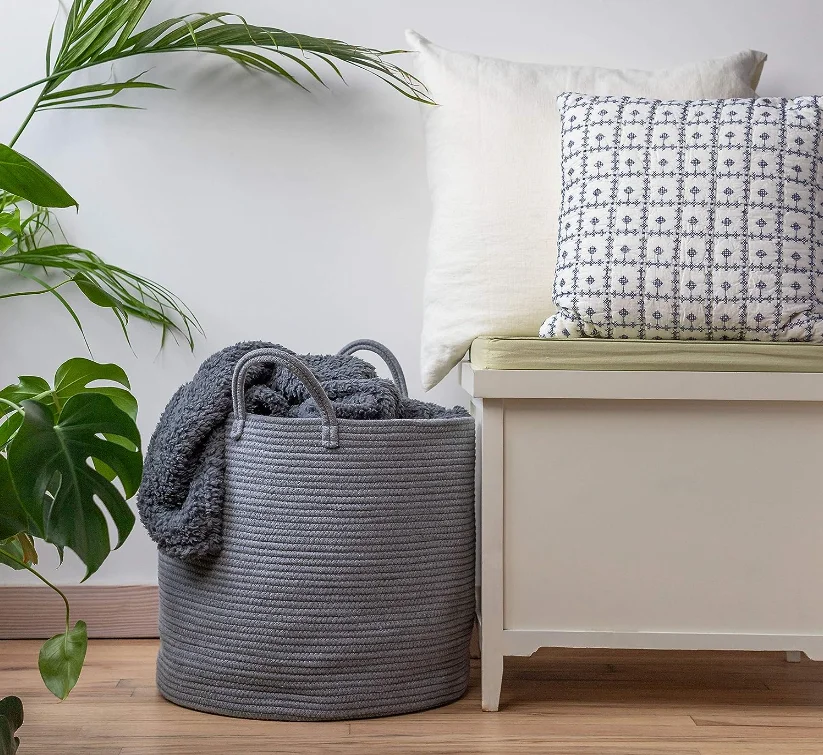 Premium Cotton Rope Basket for Living Room Woven Laundry Grey Large Blanket Storage Basket for children