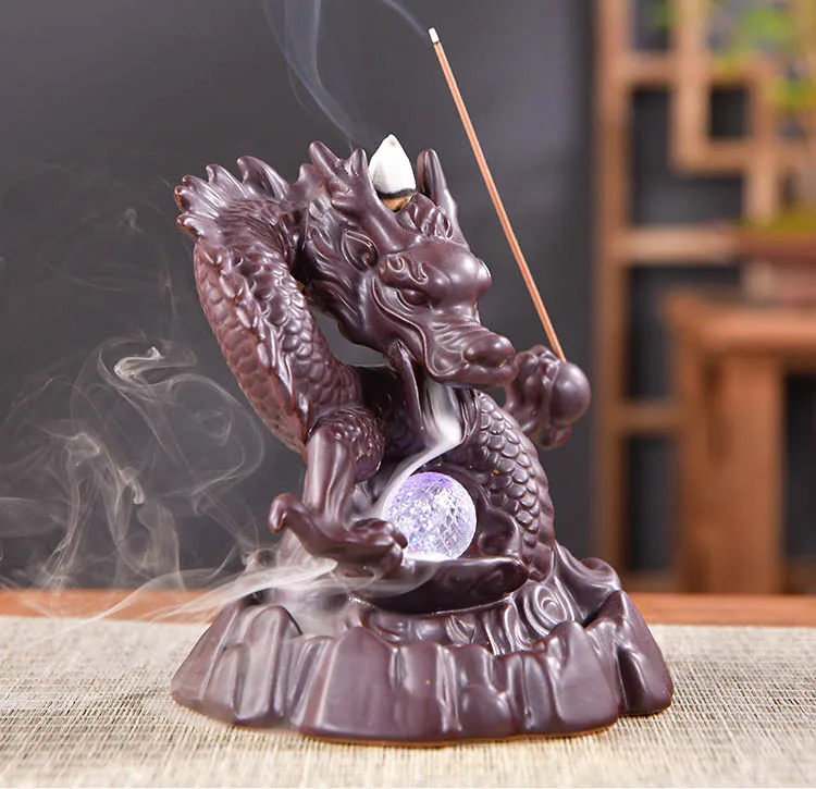 Ywbeyond Home Decor Dragon ball with led Ceramic Censer Waterfall Back flow Incense Burner Cone Incense Holder