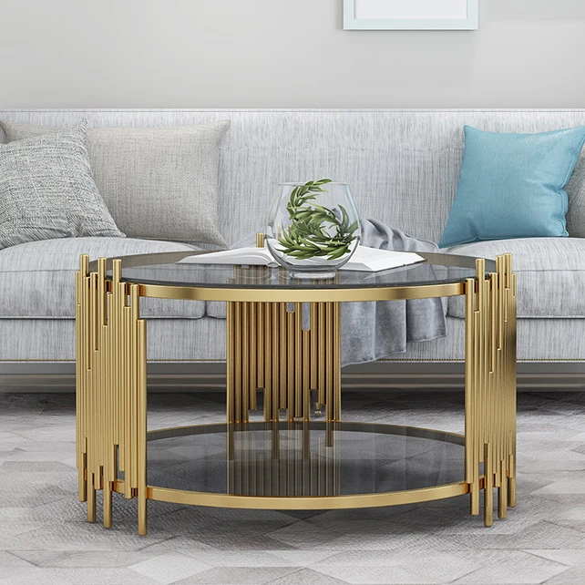 Nordic light luxury round combination of modern simple small living room household table piece golden leg glass top coffee table