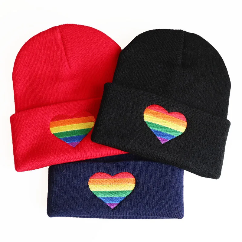 Gay Lesbian Festival Party LGBT Rainbow Heart Embroidered Knitted Winter Spring Knit Beanie Hat Christmas gifts